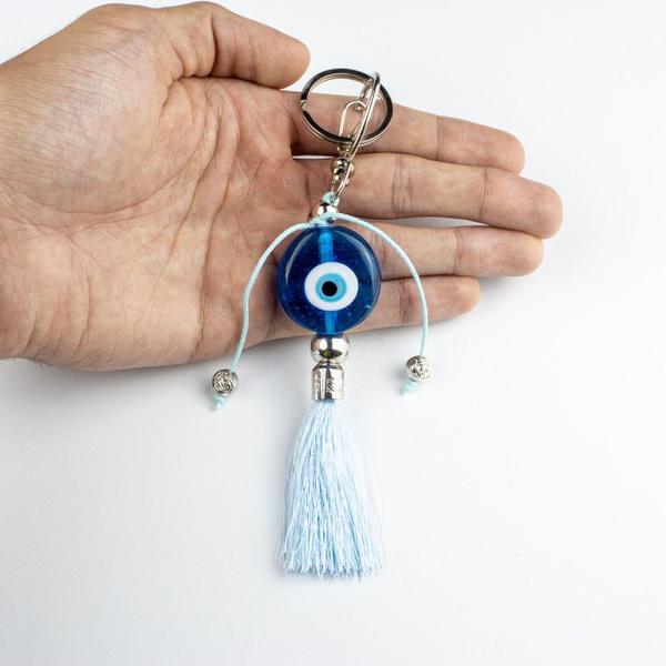 Imagem de Chaveiro Olho Grego Murano Azul Claro Pompom 16 cm