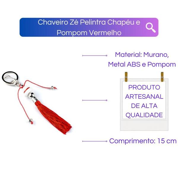 Imagem de Chaveiro Zé Pelintra Chapéu e Pompom Vermelho 15cm em Murano