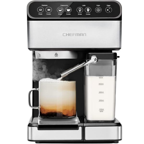 Imagem de Chefman 6-em-1 máquina de café expresso, poderosa bomba de 15 bar, cerveja única ou dupla tiro, built-in leite froth para café cappuccino e latte, XL 1,8 litro reservatório de água, peças seguras para lava-louças, aço inoxidável