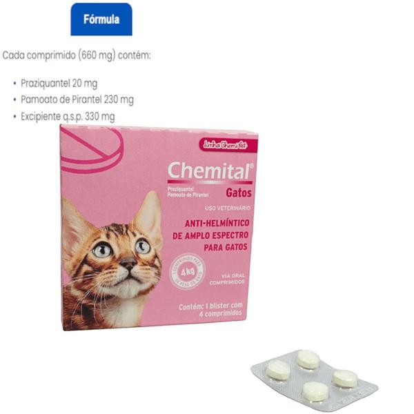 Imagem de Chemital Com 4 Comprimidos Chemitec Vermífugo Para Gatos Kit Com 3 Cx