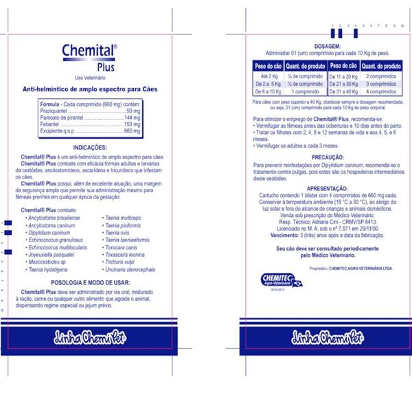 Imagem de Chemital Plus Com4 Comprimidos ChemitecVermífugo Para Cães Kit Com 6 Cx