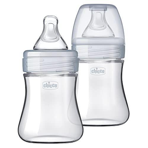 Imagem de Chicco Duo 5oz. Garrafa de bebê híbrida (vidro dentro/plástico por fora) 2-Pack com mamilo anti-cólica de fluxo lento - Claro/Cinza