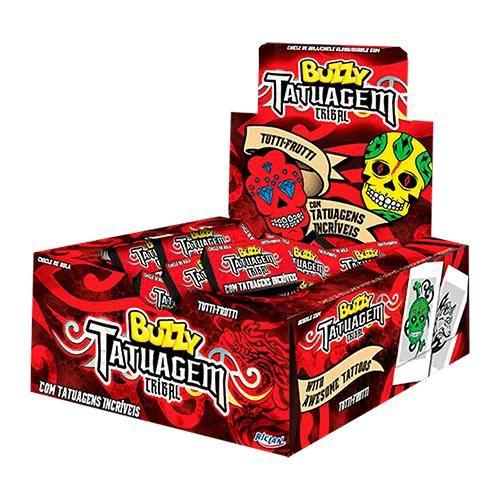 Chicle Buzzy Tribal Tattoo Tutti Frutti 400G 100UN - RICLAN Imagem de Chicle Buzzy Tribal Tattoo Tutti Frutti 400G 100UN