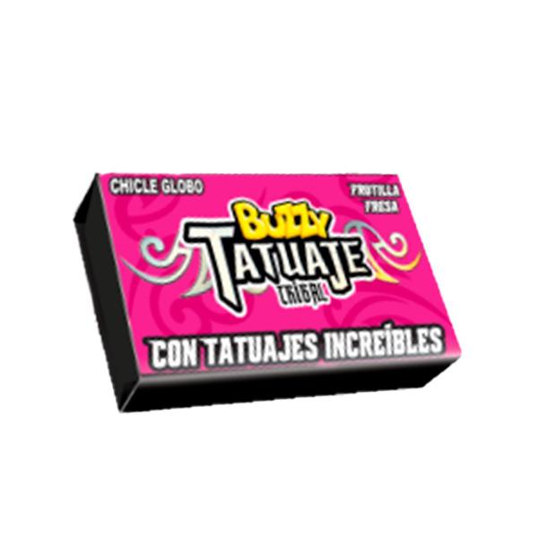Chiclete Buzzy Tribal Morango c/90 360gr - Riclan Imagem de Chiclete Buzzy Tribal Morango c/90 360gr