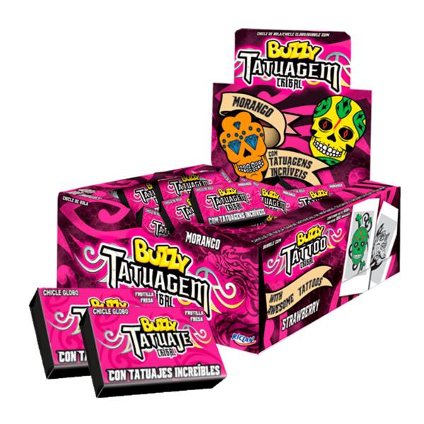 Chiclete Buzzy Tribal Morango c/90 360gr - Riclan Imagem de Chiclete Buzzy Tribal Morango c/90 360gr