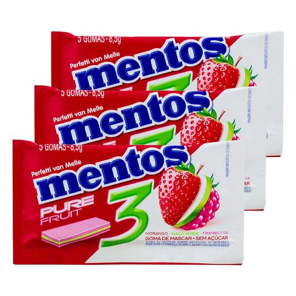Chiclete Mentos Pure Fruit Sem Açúcar 8,5g com 5 Unidades Kit com três unidades Imagem de Chiclete Mentos Pure Fruit Sem Açúcar 8,5g com 5 Unidades Kit com três unidades