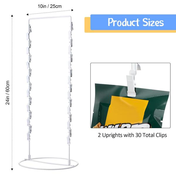 Imagem de Chip Snack Rack Clip Display Clip Countertop Rack Batata Chip Rack Candy Chip Bag Holder 2 Strand Countertop Clip Rack 30 Clips para Varejo Stand Algodão Doce Sacos Lanches, 10 x 24 In (Branco, 2 Peças)