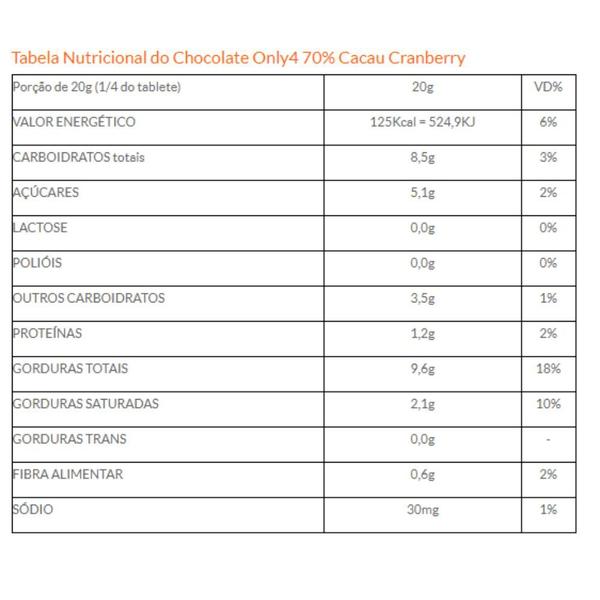 Imagem de Chocolate 70% Cacau com Cranberry Only4 70g