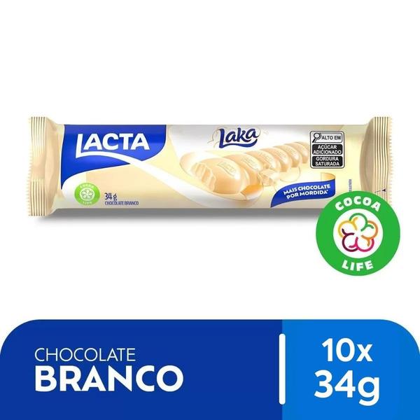 Chocolate Branco Laka Tablete Lacta Kit 10 unidades 34g Imagem de Chocolate Branco Laka Tablete Lacta Kit 10 unidades 34g