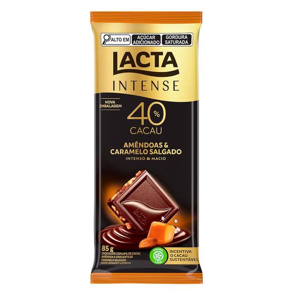 Chocolate Lacta Intense Nuts 40% Cacau Amêndoas e Caramelo Salgado 85g Imagem de Chocolate Lacta Intense Nuts 40% Cacau Amêndoas e Caramelo Salgado 85g
