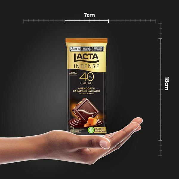 Chocolate Lacta Intense Nuts 40% Cacau Amêndoas e Caramelo Salgado 85g Imagem de Chocolate Lacta Intense Nuts 40% Cacau Amêndoas e Caramelo Salgado 85g