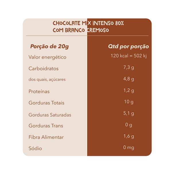 Chocolate Mix Intenso 80% Branco Cremoso Sem Glúten 80G - Cookoa Imagem de Chocolate Mix Intenso 80% Branco Cremoso Sem Glúten 80G