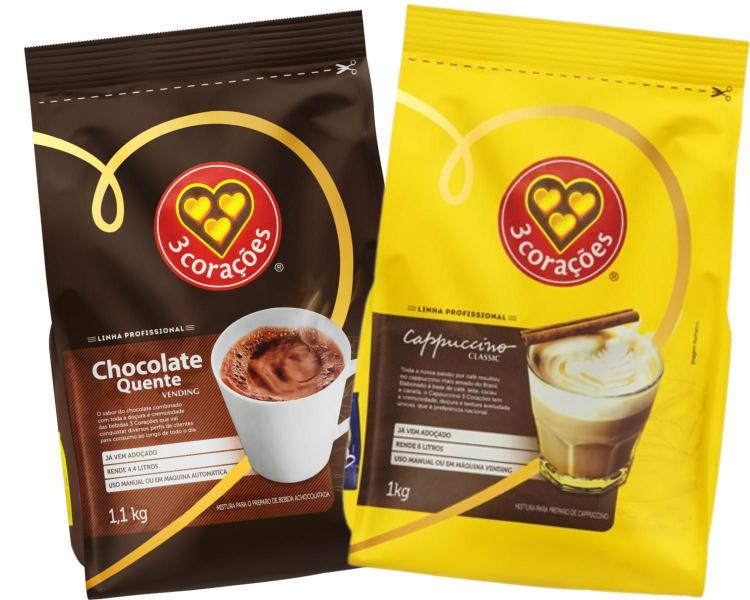 Chocolate Quente + Cappuccino 3 Coracoes Soluvel Vending 1Kg Imagem de Chocolate Quente + Cappuccino 3 Coracoes Soluvel Vending 1Kg