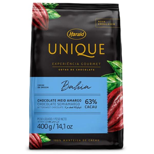 Chocolate Unique Bahia Meio Amargo 63% Cacau Gotas 400g Harald Imagem de Chocolate Unique Bahia Meio Amargo 63% Cacau Gotas 400g Harald