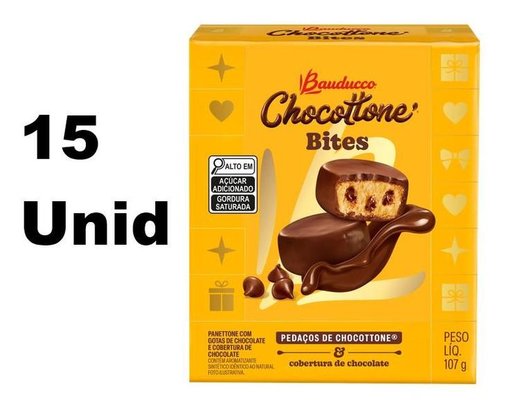 Chocottone Bauducco Bites Cobertura de Chocolate 15x107g Imagem de Chocottone Bauducco Bites Cobertura de Chocolate 15x107g