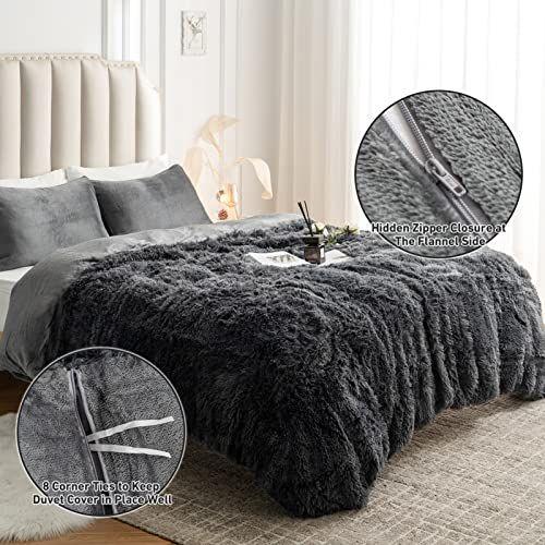 Imagem de CHOSHOME Shaggy Fluffy Edredom Capa de edredom Conjunto King Size, Luxury Plush Warm Fuzzy Flannel Bedding Set, 3 Peças Aconchegante Faux Fur Comforter Cover Set, 1 Capa de Edredom + 2 Travesseiro Shams, Fechamento do Zíper, Cinza Escuro