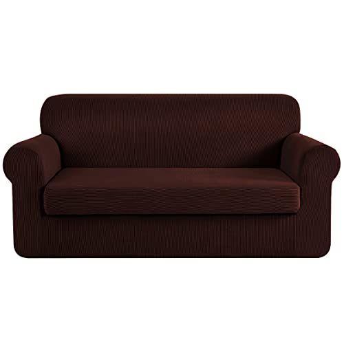 Imagem de CHUN YI Stretch Sofá Slipcover 2 Peças Sofá Cover, 3 lugares Sofá Slipcover Coat Soft Washable Furniture Covers with Elastic Bottom, Verifica Spandex Jacquard Tecido, Grande, Chocolate