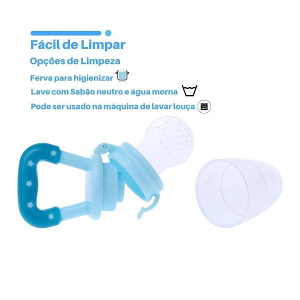 Imagem de Chupeta Alimentadora De Bebê Menino Infantil Masculino +6m Bico Silicone Porta Fruta Vegetal Azul