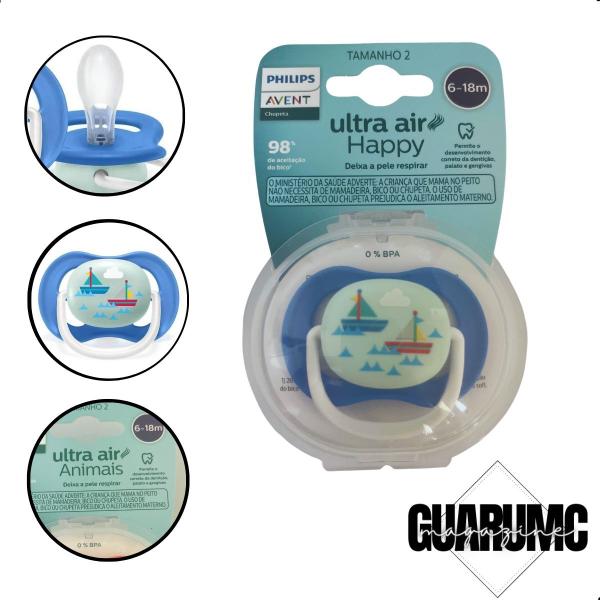 Imagem de Chupeta Avent Ultra Air Unitaria Menino Barcos 6-18M SCF081/07 Philips Avent Bico