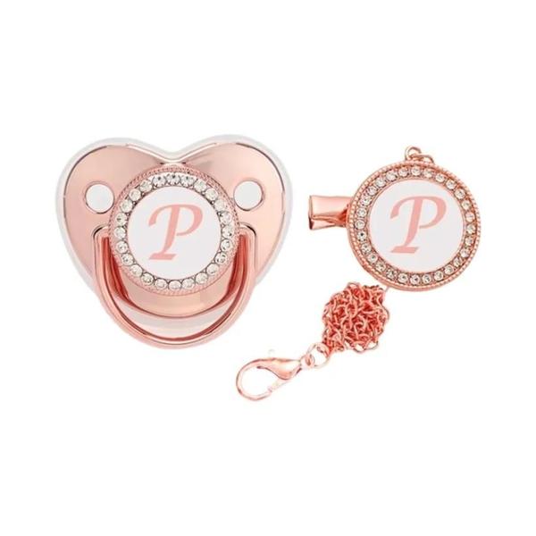 Imagem de Chupeta de Silicone Personalizada para Bebê - Ouro Rosa com 26 Letras e Clip