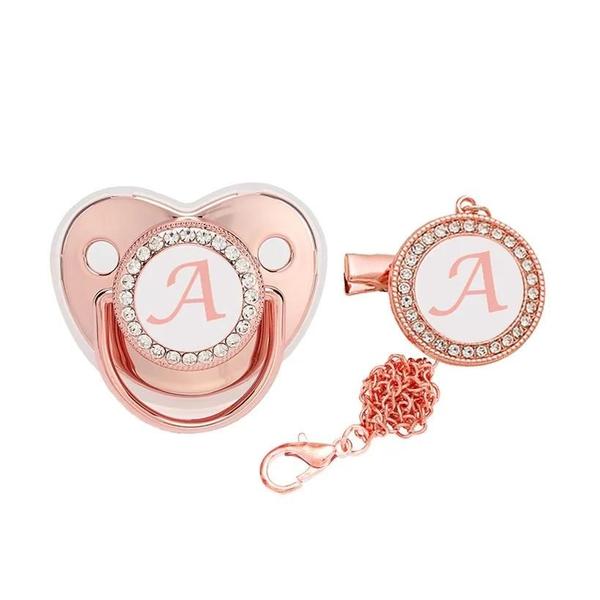 Imagem de Chupeta de Silicone Personalizada para Bebê - Ouro Rosa com 26 Letras e Clip