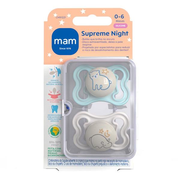 Chupeta Mam Supreme Night Silicone de 0 a 6 Meses Azul Brilha no Escuro Desenho Sortido 2 Unidades Imagem de Chupeta Mam Supreme Night Silicone de 0 a 6 Meses Azul Brilha no Escuro Desenho Sortido 2 Unidades