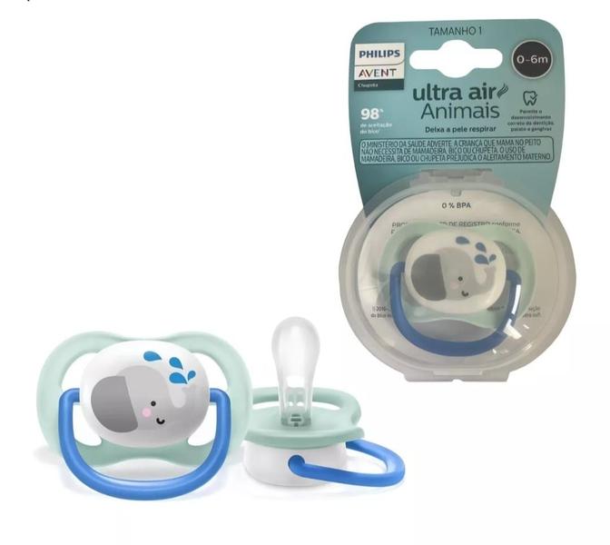 Imagem de Chupeta Ultra Air Azul 0 à 6 meses Tamanho 1 Decorada Coleção Animais Modelo Elefantinho - Philips Avent