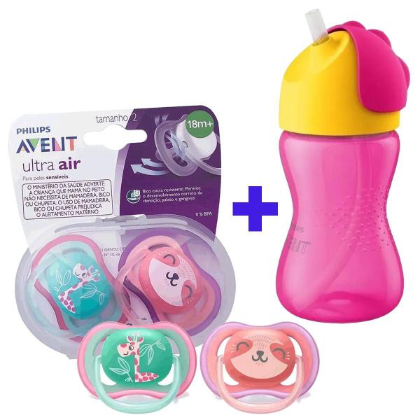 Imagem de Chupeta Ultra Air Dupla +18m e Copo com Canudo 300ml Rosa