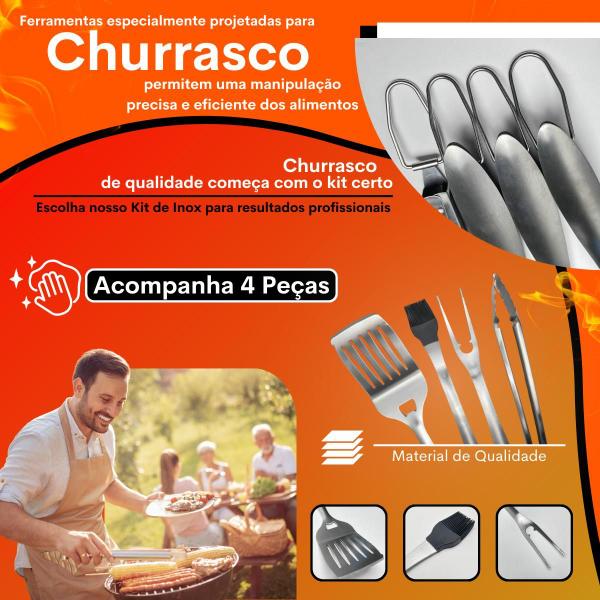 Imagem de Churrasco Kit 4 Peças Inox Churrasqueiro Profissional Grelha