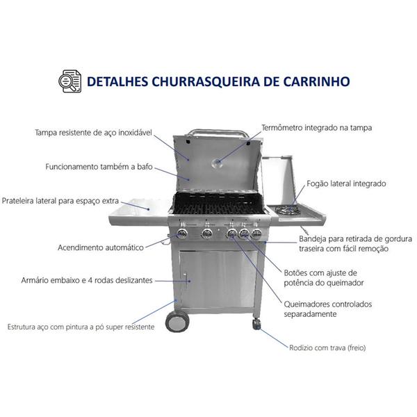 Imagem de Churrasqueira a Gas de Carrinho Gourmet 4 Queimadores com 1 Queimador Lateral Inox Mimo Style