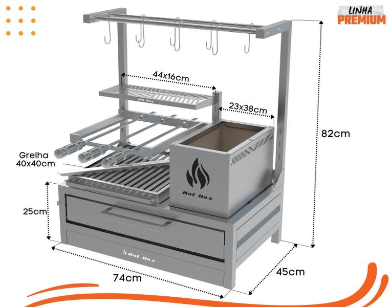 Imagem de Churrasqueira De Bancada Parrilla Inox Com espetos e Grelha Argentina e Varal com Ganchos 74x45cm