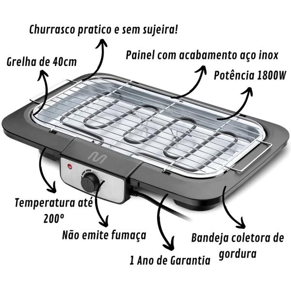 Imagem de Churrasqueira Elétrica Premium Sem Óleo Mais Saúdavel Não Faz Fumaça Grelha Ajustável Bandeja Coletora De Gordura Fácil