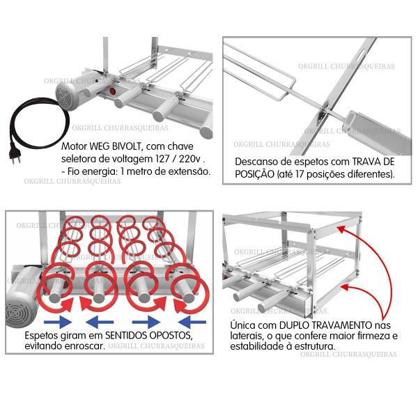 Imagem de Churrasqueira Gira Grill Inox 6 Espetos + 2 Grelhas Auxiliares + Grelha Giratória 