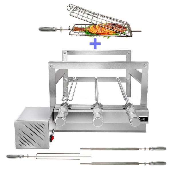 Churrasqueira Giratória Grill Inox Gira Soft Grill 3 Espetos + Espeto Grelha Lado Esquerdo Imagem de Churrasqueira Giratória Grill Inox Gira Soft Grill 3 Espetos + Espeto Grelha Lado Esquerdo