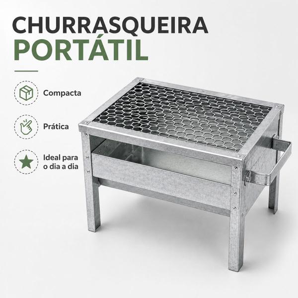 Churrasqueira/Grill Galvanizada C/ Grelha Portátil Aço Anti Corte - Kvell