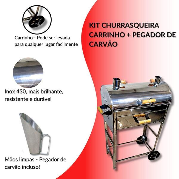 Imagem de Churrasqueira Inox Grande A Bafo Parrilla Carrinho Carvão Com Pegador de Carvão - GS