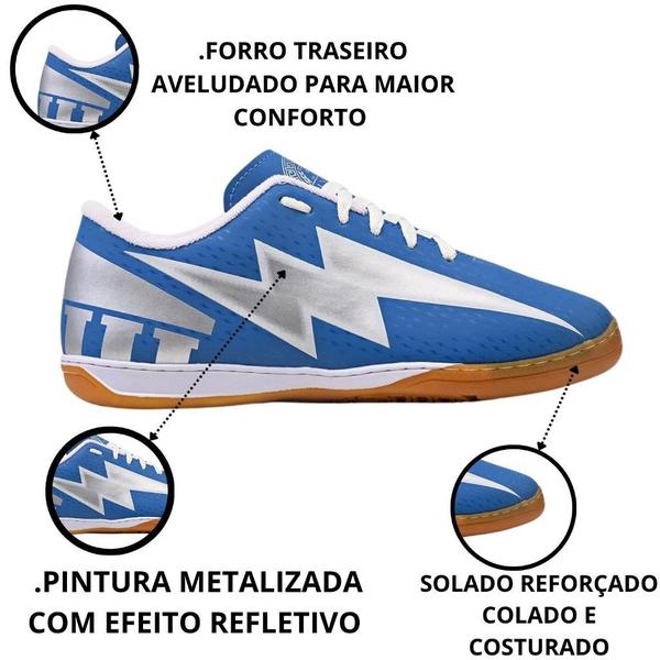 Imagem de Chuteira Futsal Azul celeste Allympus coleção Zeus Lançamento Profissional Resistente Quadra/Salao