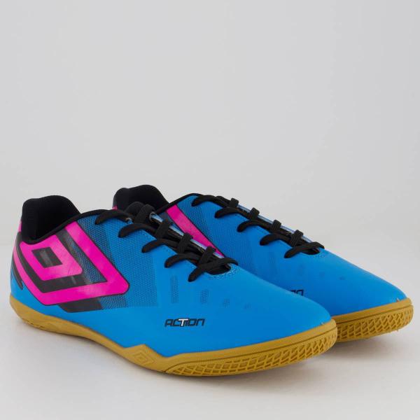 Imagem de Chuteira Umbro Action Futsal Azul e Rosa