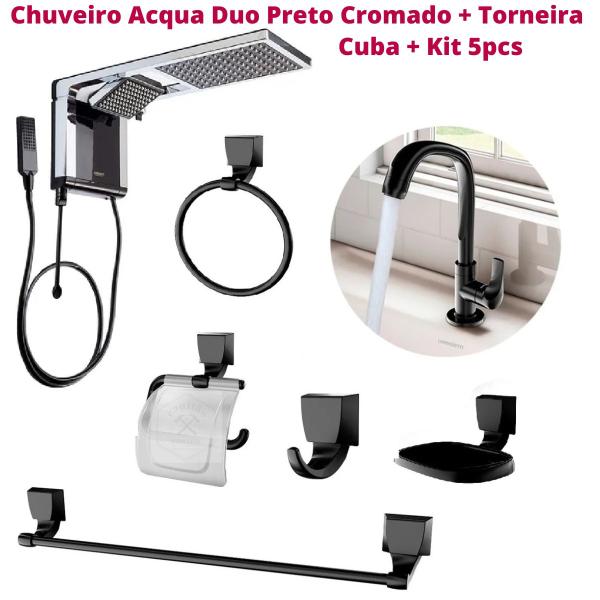 Imagem de Chuveiro Acqua Duo Preto Cromado + Torneira Cuba + Kit 5pcs