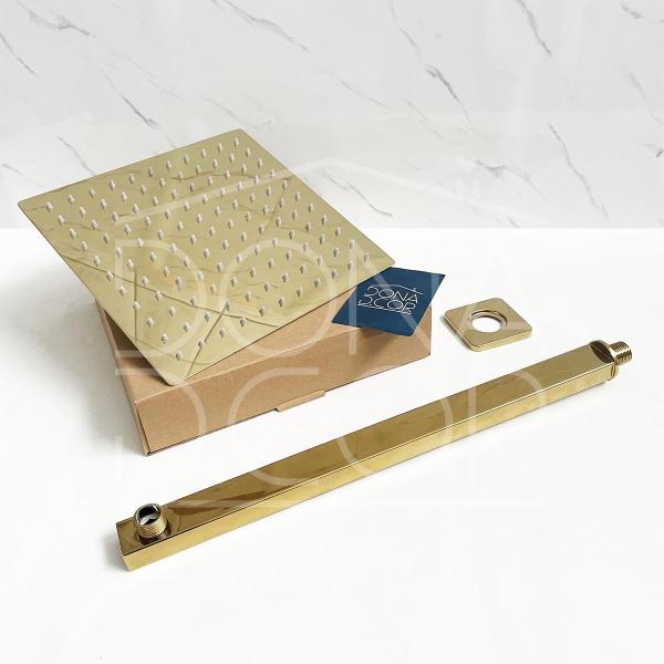 Imagem de Chuveiro Dourado 25x25 Ducha Quadrada Inox Dourada Gold Cascata 25cm A Gas Braço Suporte 40cm De Parede Horizontal Slim Square Banheiro Luxo