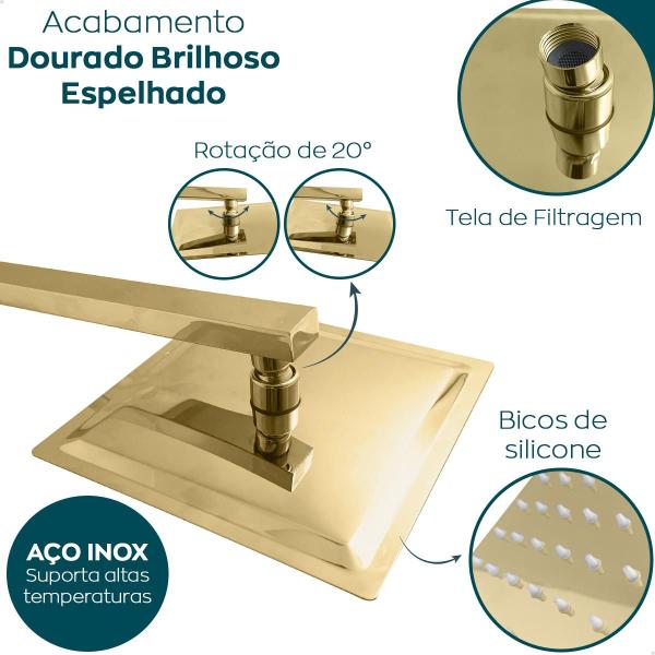 Imagem de Chuveiro Dourado 25x25 Ducha Quadrada Inox Dourada Gold Cascata 25cm A Gas Braço Suporte 40cm De Parede Horizontal Slim Square Banheiro Luxo