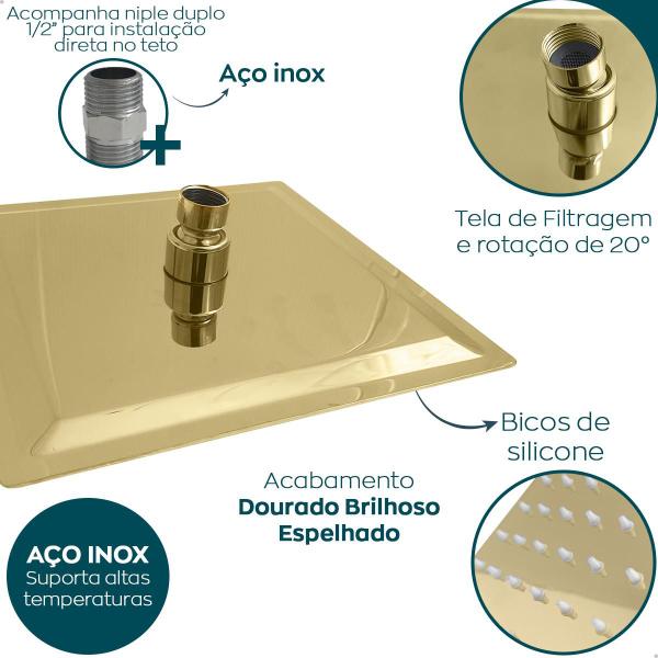Imagem de Chuveiro Dourado 30x30 Com Niple Ducha Slim Quadrada De Teto Inox 201 Gold Cascata 30cm A Gas Banheiro Luxo