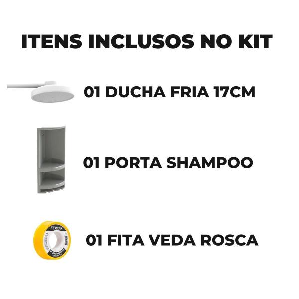 Imagem de Chuveiro Ducha Fria 17Cm Branco + Porta Shampoo Cinza