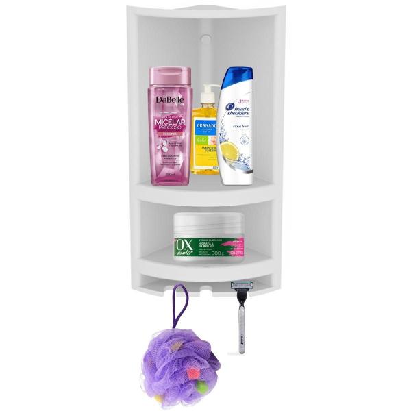Chuveiro Ducha Fria 22Cm Cromado + Porta Shampoo Branco - Valeplast Imagem de Chuveiro Ducha Fria 22Cm Cromado + Porta Shampoo Branco