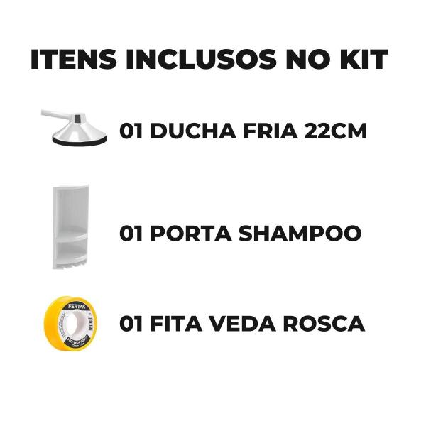 Chuveiro Ducha Fria 22Cm Cromado + Porta Shampoo Branco - Valeplast Imagem de Chuveiro Ducha Fria 22Cm Cromado + Porta Shampoo Branco