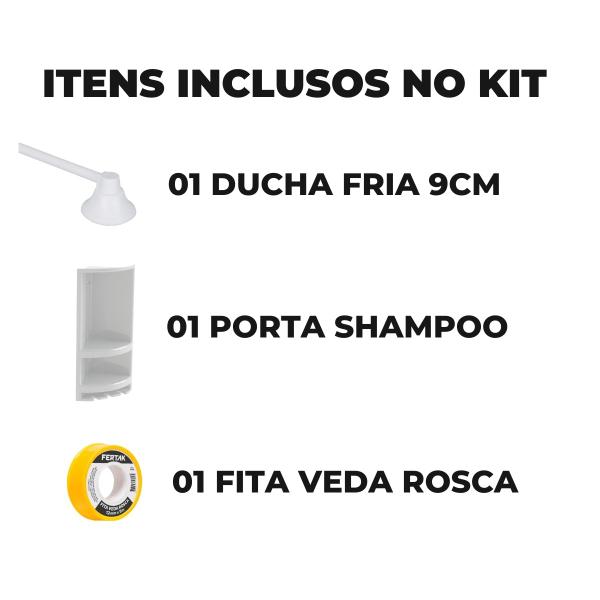 Imagem de Chuveiro Ducha Fria Redondo 9cm Branco + Suporte de Canto Porta Shampoo Branco + Veda Rosca