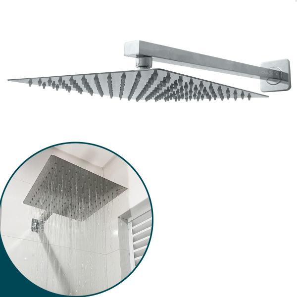 Imagem de Chuveiro Ducha Inox 30x30 Slim Quadrado De Parede Braço 40cm Chuveirão Piscina Ducha Fria Cascata Moderna Area Externa 30cm Inox Polido 