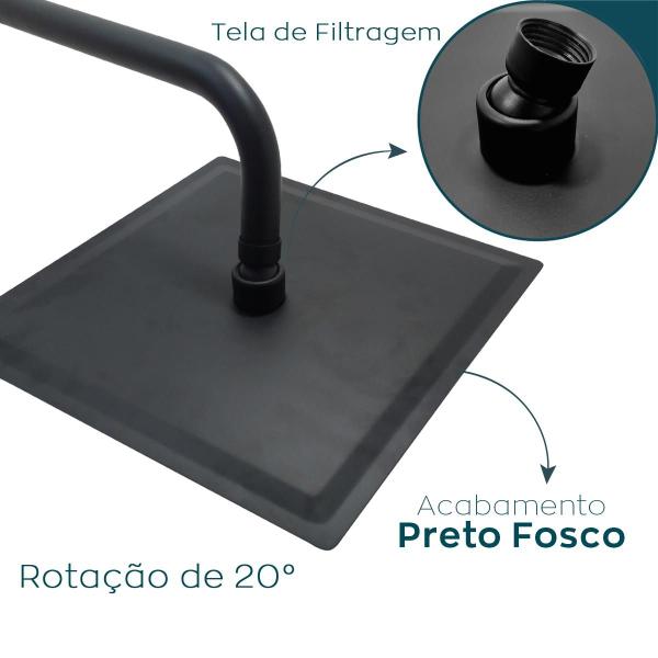 Imagem de Chuveiro Ducha Preta Quadrada Inox Banheiro 25x25 De Parede Fria Slim Cascata A Gas 25cm Braço Redondo Curvado Suporte Haste Horizontal