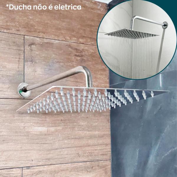 Imagem de Chuveiro Ducha Quadrada Inox Polido Banheiro 25x25 De Parede Fria Slim Cascata A Gas 25cm Braço Redondo Curvado Suporte Haste Horizontal