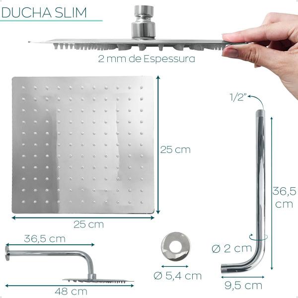 Imagem de Chuveiro Ducha Quadrada Inox Polido Banheiro 25x25 De Parede Fria Slim Cascata A Gas 25cm Braço Redondo Curvado Suporte Haste Horizontal